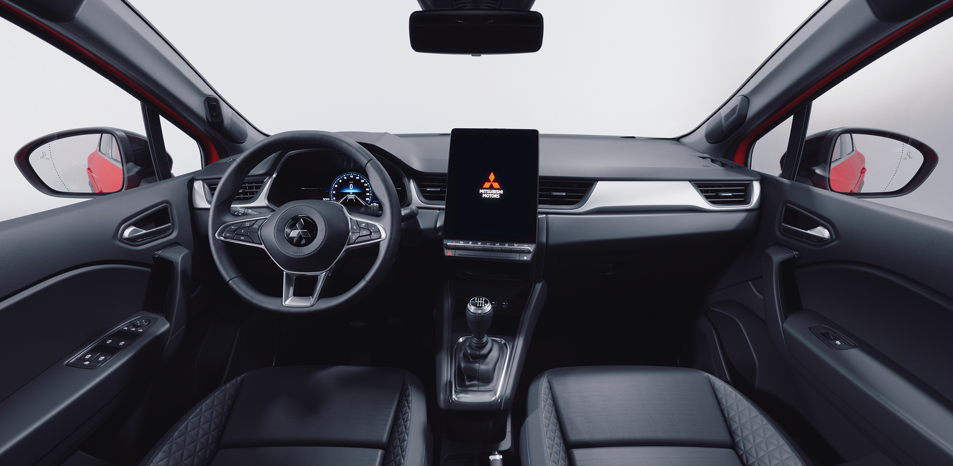 Mitsubishi ASX Diamant Innenraum-Ansicht mit schwarzen Sitzen, digitalem Tacho und großem Infotainment-Display